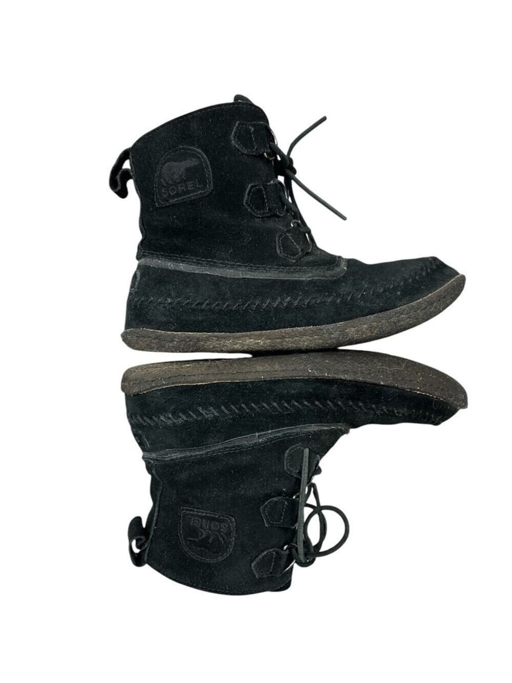SOREL Joplin stitch black suede moccasin lace up ankle boot 6.5